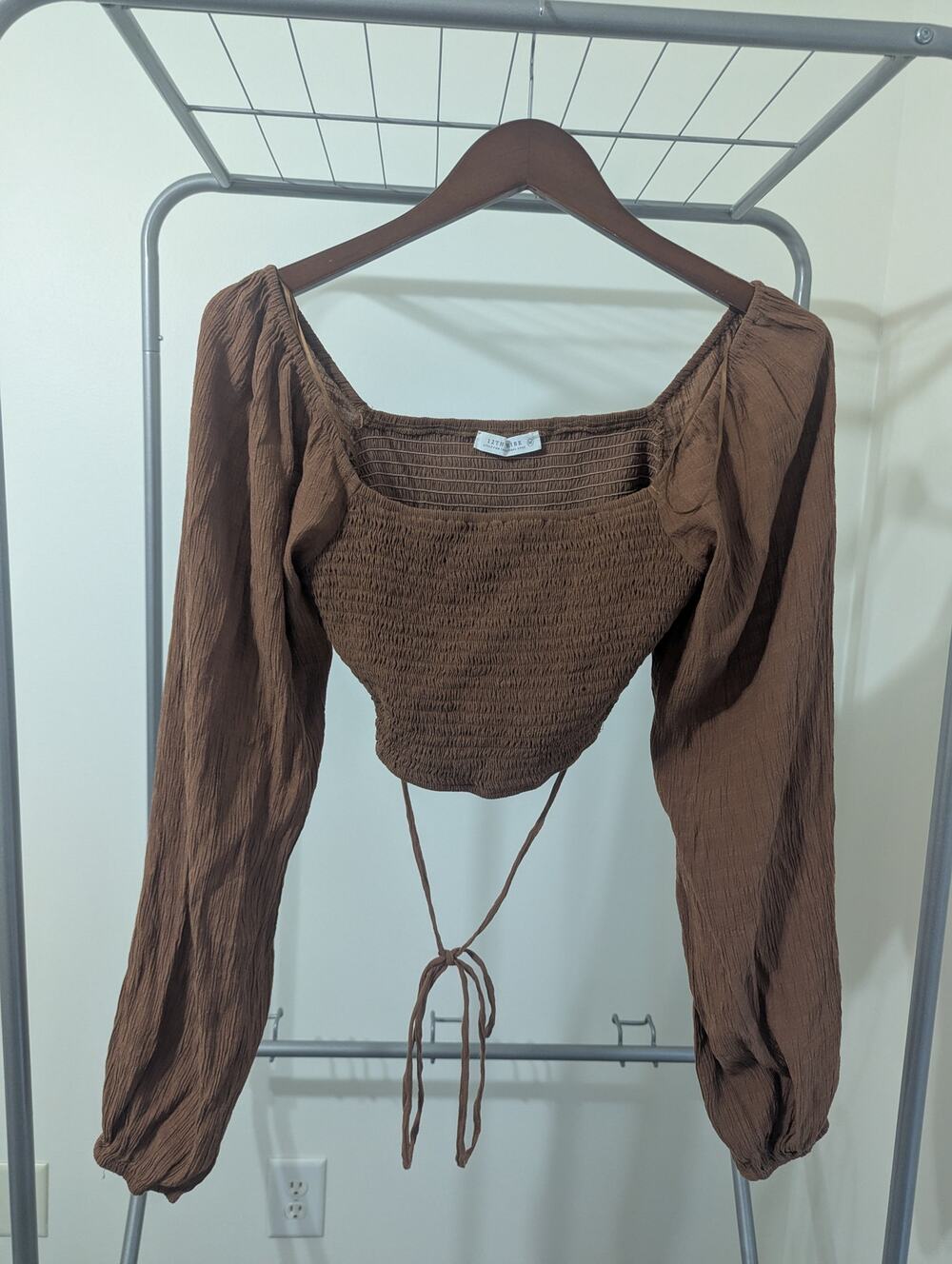 12th Tribe Tan/Brown Smocked Puff Sleeve Tie Back Crop Top Size Medium